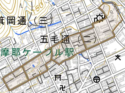 五毛通とその周辺の地図。町の範囲を重ねている