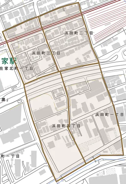 浜田町とその周辺の地図。町の範囲を重ねている