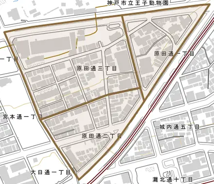 原田通とその周辺の地図。町の範囲を重ねている