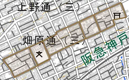 畑原通とその周辺の地図。町の範囲を重ねている