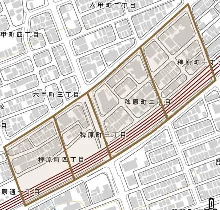 稗原町とその周辺の地図。町の範囲を重ねている