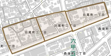 日尾町とその周辺の地図。町の範囲を重ねている