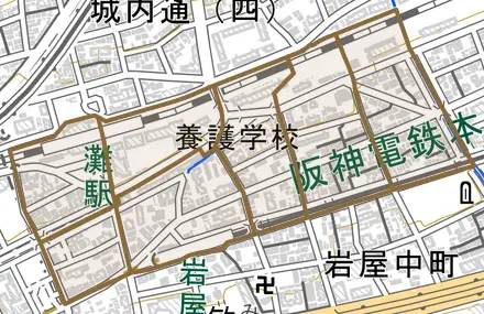 岩屋北町とその周辺の地図。町の範囲を重ねている