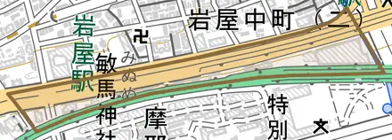 岩屋南町とその周辺の地図。町の範囲を重ねている