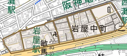 岩屋中町とその周辺の地図。町の範囲を重ねている