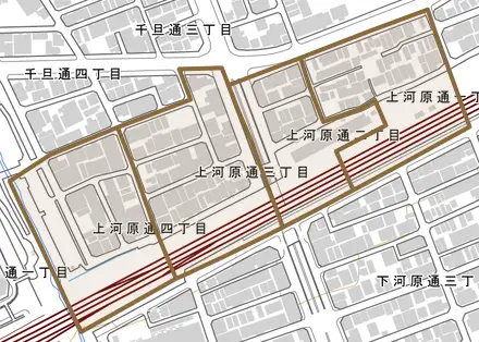 上河原通とその周辺の地図。町の範囲を重ねている