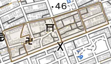 神前町とその周辺の地図。町の範囲を重ねている