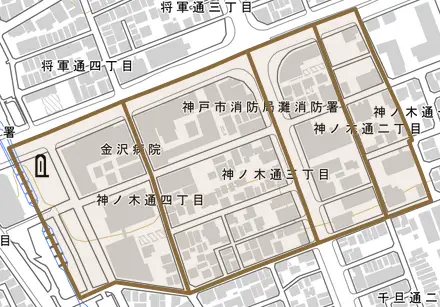 神ノ木通とその周辺の地図。町の範囲を重ねている