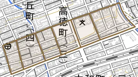 高徳町とその周辺の地図。町の範囲を重ねている