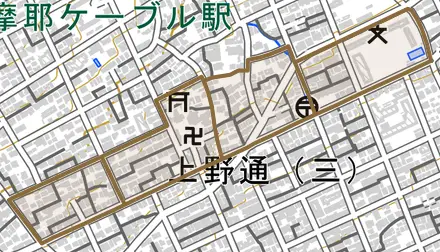 国玉通とその周辺の地図。町の範囲を重ねている