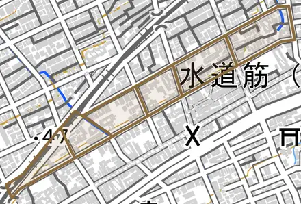 倉石通とその周辺の地図。町の範囲を重ねている