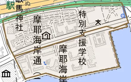 摩耶海岸通とその周辺の地図。町の範囲を重ねている