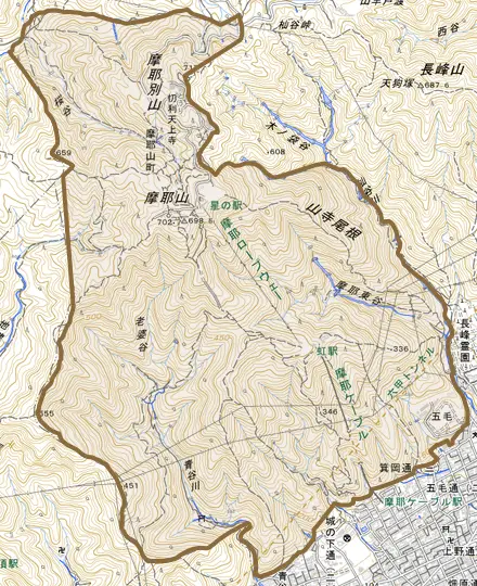 摩耶山町とその周辺の地図。町の範囲を重ねている