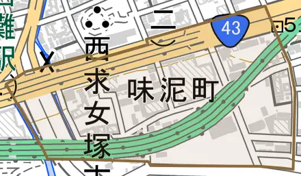 味泥町とその周辺の地図。町の範囲を重ねている