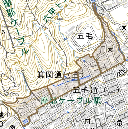 箕岡通とその周辺の地図。町の範囲を重ねている