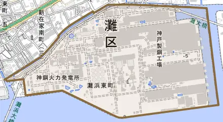 灘浜東町とその周辺の地図。町の範囲を重ねている