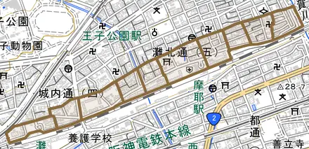 灘北通とその周辺の地図。町の範囲を重ねている