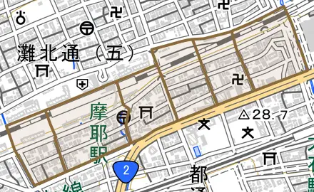 灘南通とその周辺の地図。町の範囲を重ねている