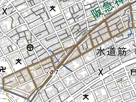 中原通とその周辺の地図。町の範囲を重ねている