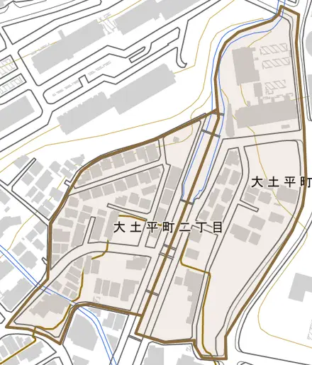 大土平町とその周辺の地図。町の範囲を重ねている