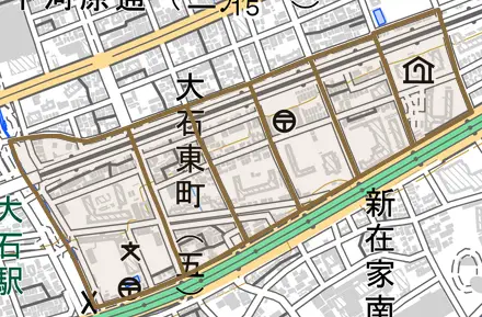 大石東町とその周辺の地図。町の範囲を重ねている