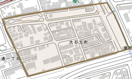大石北町とその周辺の地図。町の範囲を重ねている