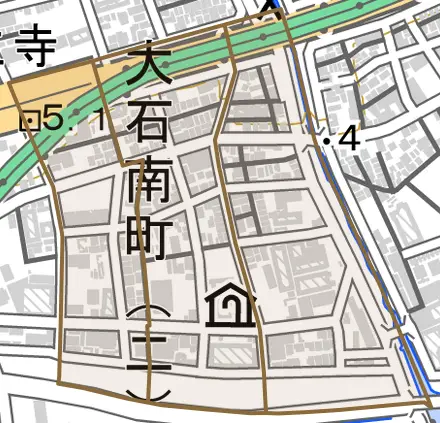 大石南町とその周辺の地図。町の範囲を重ねている