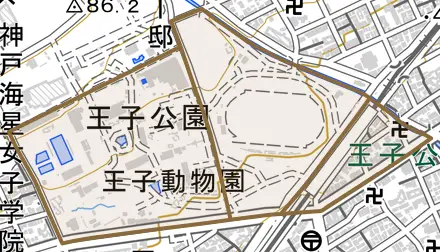 王子町とその周辺の地図。町の範囲を重ねている