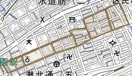 大内通とその周辺の地図。町の範囲を重ねている