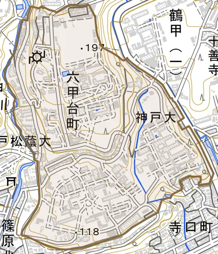 六甲台町とその周辺の地図。町の範囲を重ねている