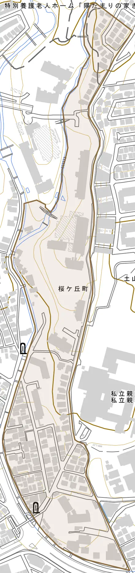 桜ケ丘町とその周辺の地図。町の範囲を重ねている