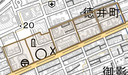桜口町とその周辺の地図。町の範囲を重ねている