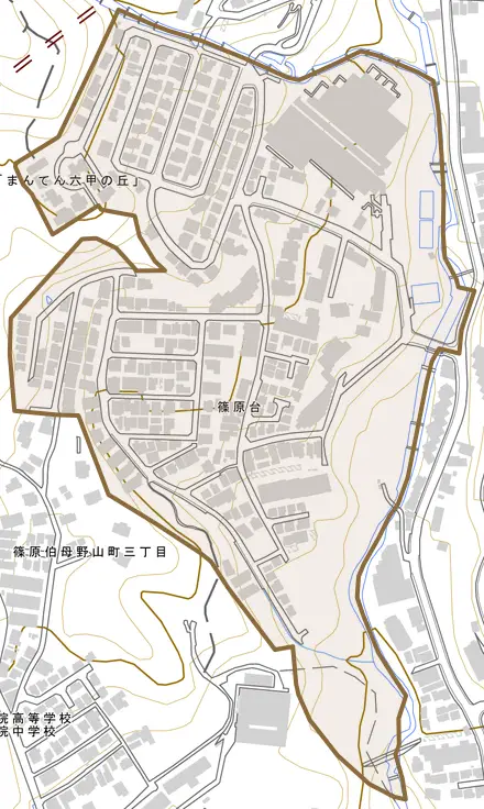 篠原台とその周辺の地図。町の範囲を重ねている