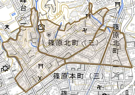 篠原北町とその周辺の地図。町の範囲を重ねている