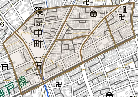 篠原中町とその周辺の地図。町の範囲を重ねている