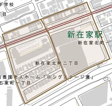 新在家北町とその周辺の地図。町の範囲を重ねている