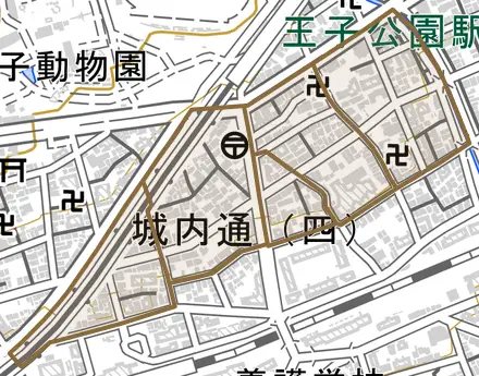 城内通とその周辺の地図。町の範囲を重ねている