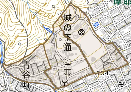 城の下通とその周辺の地図。町の範囲を重ねている
