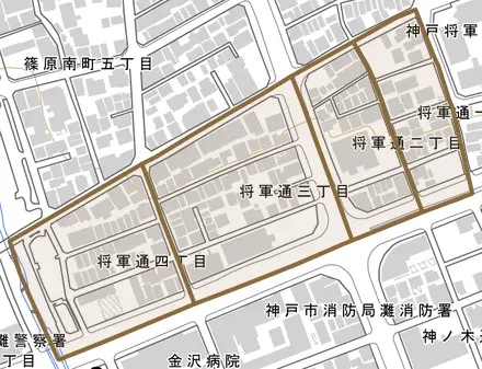 将軍通とその周辺の地図。町の範囲を重ねている