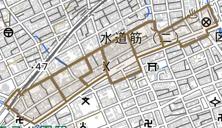 水道筋とその周辺の地図。町の範囲を重ねている