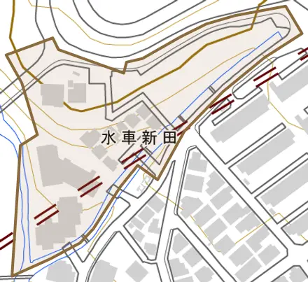 水車新田とその周辺の地図。町の範囲を重ねている