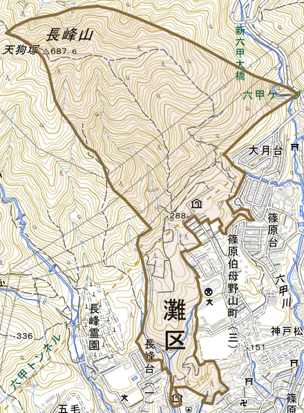 篠原とその周辺の地図。町の範囲を重ねている