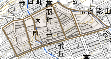 高羽町とその周辺の地図。町の範囲を重ねている