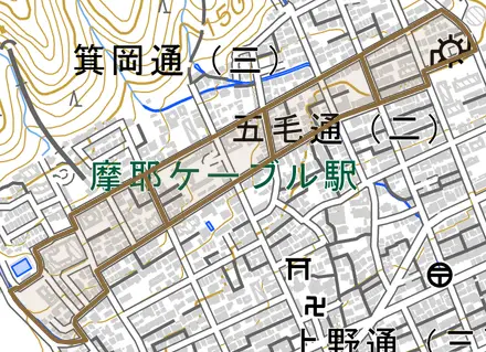 高尾通とその周辺の地図。町の範囲を重ねている