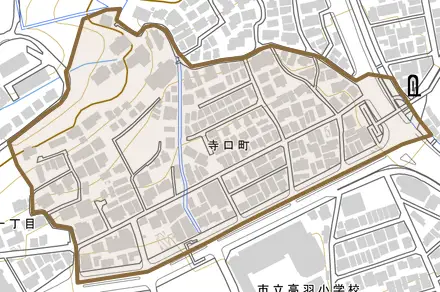 寺口町とその周辺の地図。町の範囲を重ねている