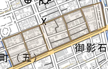 徳井町とその周辺の地図。町の範囲を重ねている
