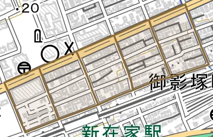 友田町とその周辺の地図。町の範囲を重ねている