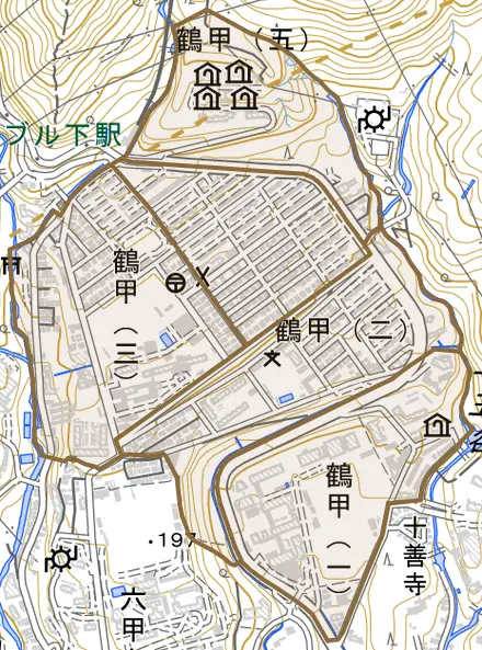 鶴甲とその周辺の地図。町の範囲を重ねている