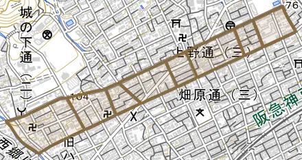 上野通とその周辺の地図。町の範囲を重ねている