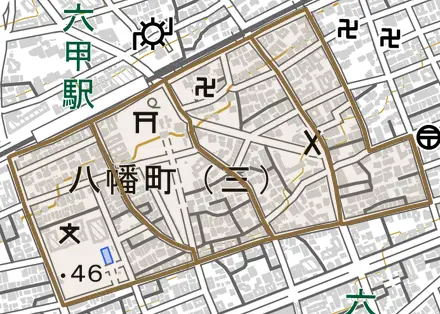八幡町とその周辺の地図。町の範囲を重ねている